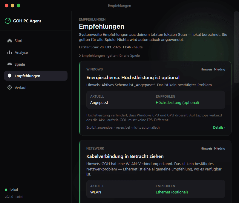 GOH Agent Empfehlungen mit Energieschema und Netzwerk-Hinweis